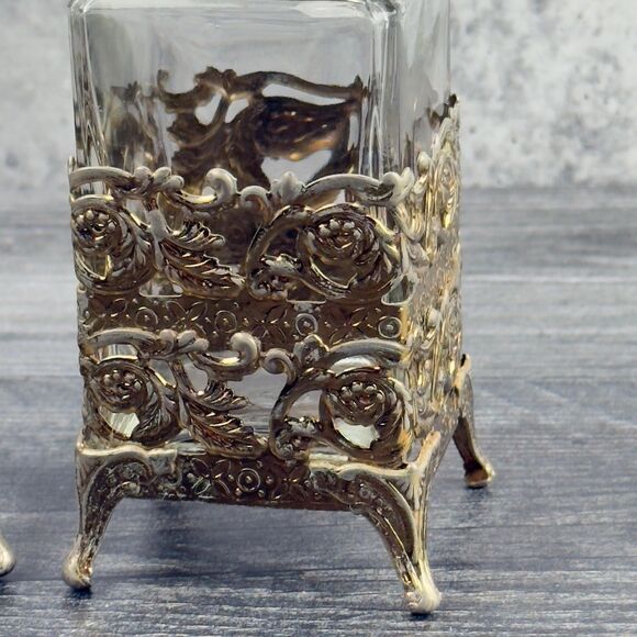 Vintage Perfume‎ Holder Jars Metal Bottles 2pc - Picture 3 of 10